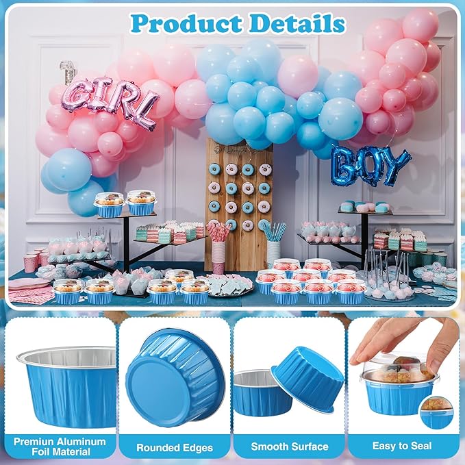 Gejoy 400 Pcs Aluminum Foil Baking Cups with Lids 5 oz Disposable Ramekins Mini Cake Pans Creme Brulee Cupcake Liners Muffin Tins Flan Mold Dessert Container for Wedding(Ocean Blue,Classic)