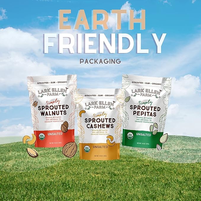 Lark Ellen Farm Sprouted Salted Cashews - Non GMO, Healthy Keto Snacks, Paleo, Gluten Free, Vegan, Certified Organic Nut, Sugar Free, High Protein, Kosher, Low Glycemic, 10 oz - 3 pack