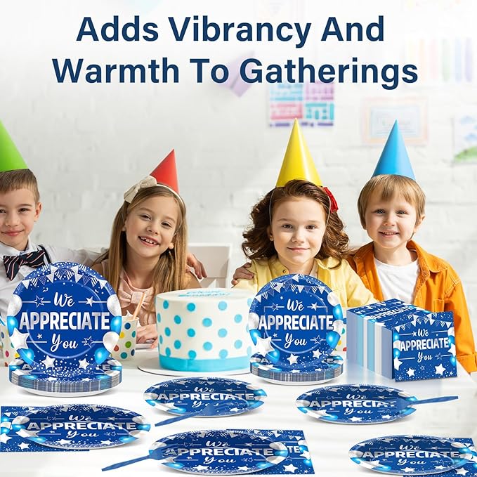 96pcs Blue Silver We Appreciate You Plates and Napkins set for Thankful Party Decorations Thank You Dinnerware Tableware Set for 24 Guests Employee Teacher Doctor Graduate Appreciation Party Supplies