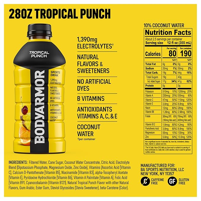 BODYARMOR Sports Drink Sports Beverage, Tropical Punch, Coconut Water Hydration, Natural Flavors With Vitamins, Potassium-Packed Electrolytes, Perfect For Athletes, 28 Fl Oz (Pack of 15)