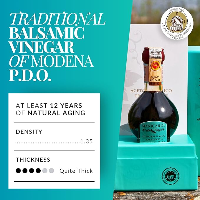 MANICARDI Traditional Balsamic Vinegar of Modena PDO Affinato Aged 12 Years - Aged Italian Vinegar Perfect for Snacks, Pasta, Vegetables, Salad Dressings, and Meat - Made in Italy, 3.38 Fl Oz (100 ml)