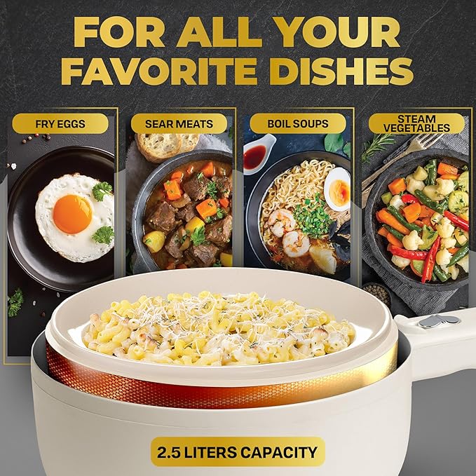 PRO 2.5L Electric Hot Pot with Lid & Steamer, Non Toxic Ceramic Cooker Skillet for Ramen, Eggs, Pasta for Dorms, Camping, RVs, Work, Adjustable Temp. - New Improved 2025 Model