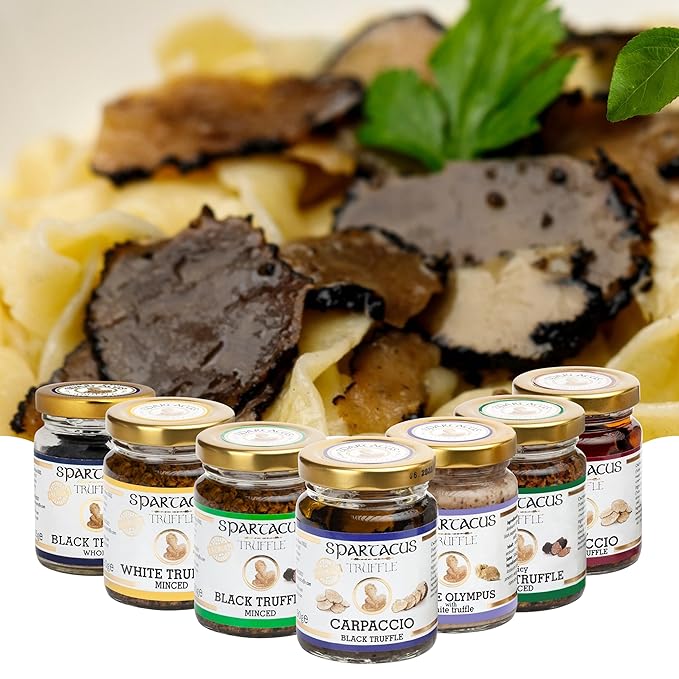 Spartacus Black Truffles Preserved in Extra Virgin Olive Oil - Perfect Gourmet Seasoning for Pizza, Pasta, Salads, Potatoes, Meat and Eggs - Vegan and Gluten Free (3.17 oz)