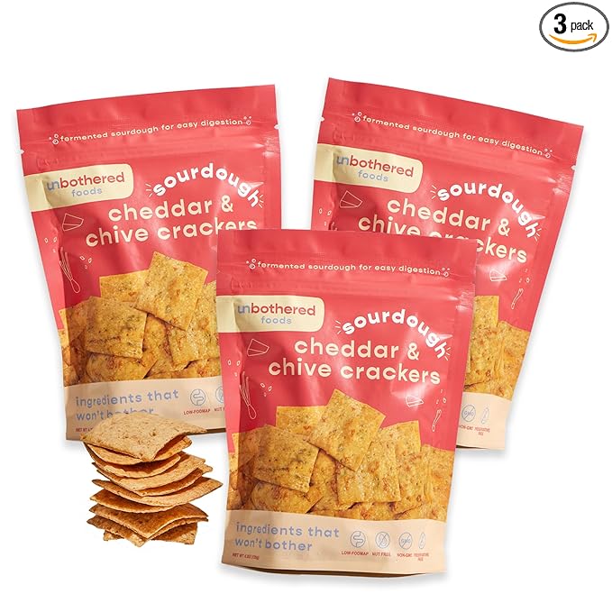Unbothered Foods Cheddar & Chive Sourdough Crackers - Gut-Friendly & Easy to Digest, Non-GMO, No Added Sugar, Nut-Free, Perfect for Cheese & Snacks, 100% Naturally Fermented (3 Pack)