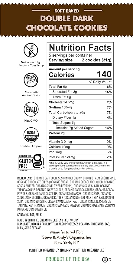 Steve & Andy?™s Deliciously Induldent Soft Bake Double Dark Chocolate Chip Cookies ??Organic, Gluten Free, Non-Gmo, Nut Free, Wheat Free, Soy Free ??16.5 Oz, 3 Boxes (30 Cookies)
