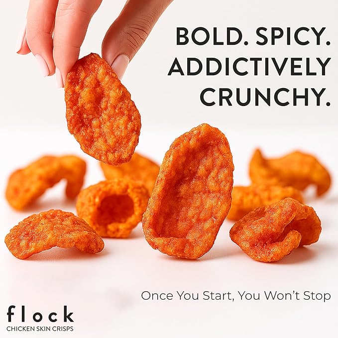 "Flock Keto Chicken Skin Chips | Tapatio Flavor | Low Carb, High Protein, Sugar Free, Gluten Free | 4-Pack (2.5oz)