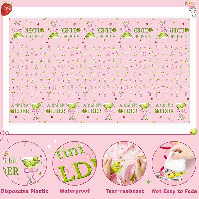 Pink Green Martini Party Tablecloths - 3Pcs A Tini Bit Older Birthday Table Covers, Martini Bow Themed Party Decoration Plastic Disposable Rectangular Table Cloth Decor for Birthday Bachelorette
