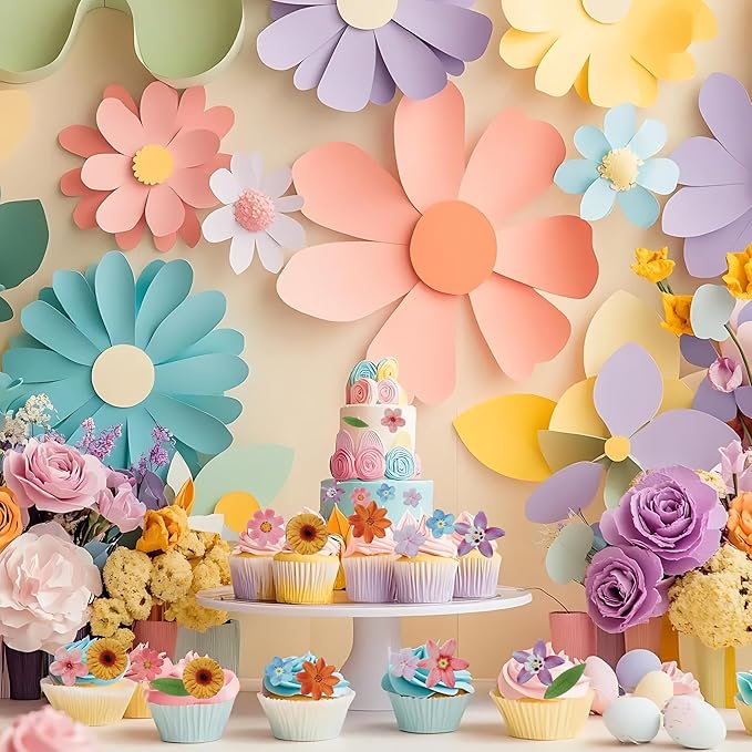 50 PCS Edible Flowers Cupcake Toppers Sunflower Cherry Blossom Green Leaf Cake Toppers Flowers Birthday Decorations for Wedding Themed Party Baby Shower Birthday Cake Decoration Mixed Size & Colour