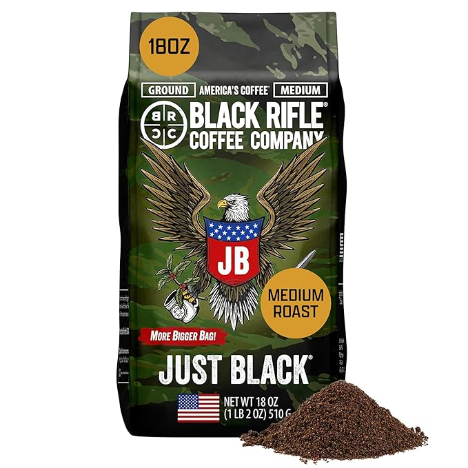 Black Rifle Coffee Company Ground Coffee Medium Roast - Roasted Blend Made from Pure Arabica Beans - Colombian & Brazilian Beans - Veteran Founded & American Made (Just Black, 18oz Bag)