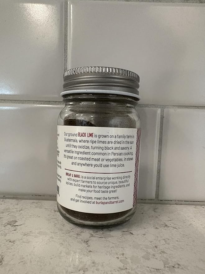 Burlap & Barrel - Ground Black Lime - Tart and Savory Great for Roasted Meats, Veggies, Stews, Kebabs - Great Alternative to Makrut Leaf in Recipies - As seen on Shark Tank - 2.8oz Glass Jar