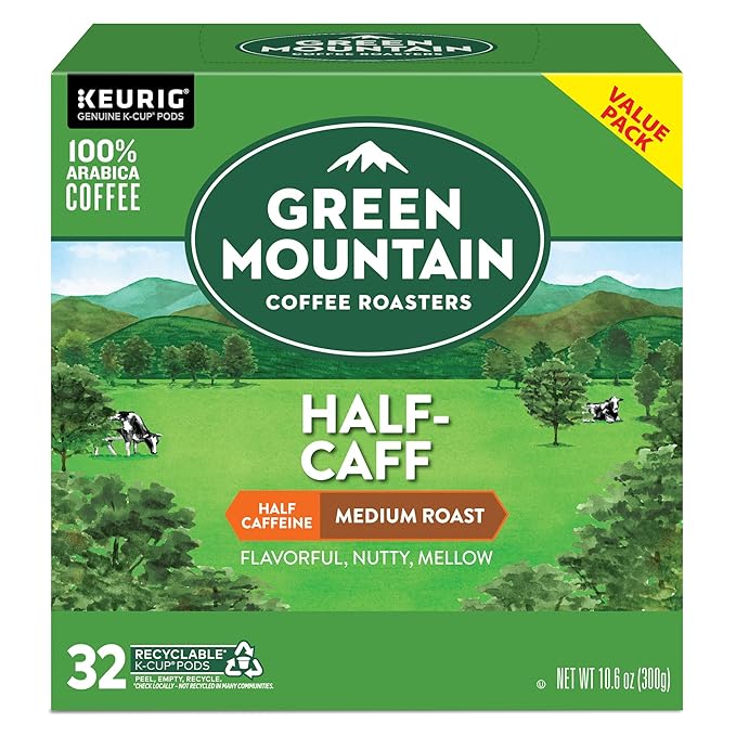 Green Mountain Coffee Roasters Half Caff, Single-Serve Keurig K-Cup Pods, Medium Roast Coffee Pods, 32 Count
