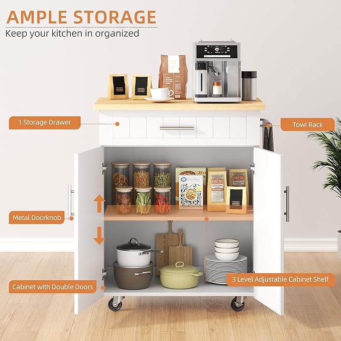 Shintenchi Kitchen Island cart with Storage, Portable Bar Cabinet on Wheels, Rolling Microwave Cart Side Table with Workstation for Kitchen, Dinning Room, White