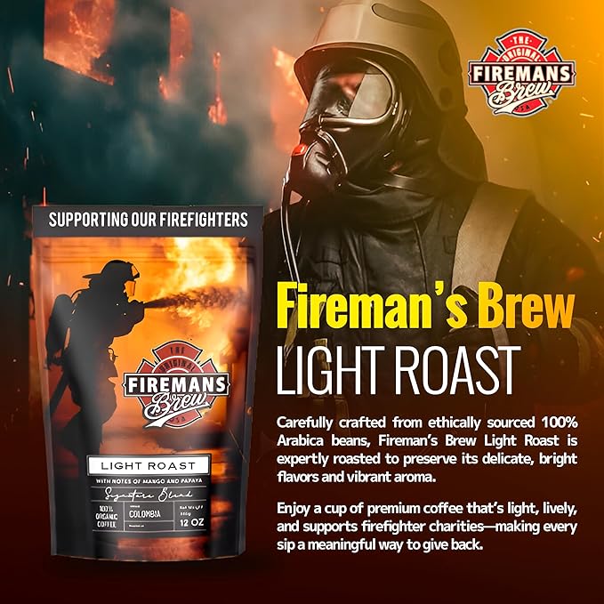 Firemans Brew Light Roast Coffee ??Bold & Robust Ground Coffee ??100% Arabica Beans, Rich, Full-Bodied Flavor ??Freshly Roasted Gourmet Coffee ??Low Acid, Small Batch Coffee ??Supports Firefighter Causes