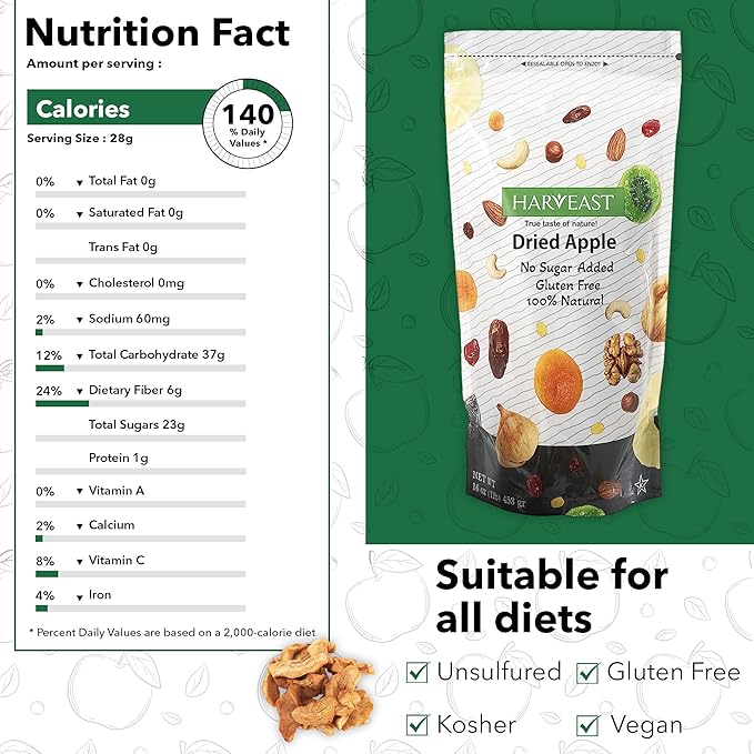 HARVEAST Dried Apples - Dehydrated Sliced Apple Snack - Tender & Sweet Whole Dried Fruits - Vegan Treats in Resealable Pack - Sugar Free, Non-GMO, Unsulfured, Gluten Free & Kosher (20 Oz, 2 Packs)