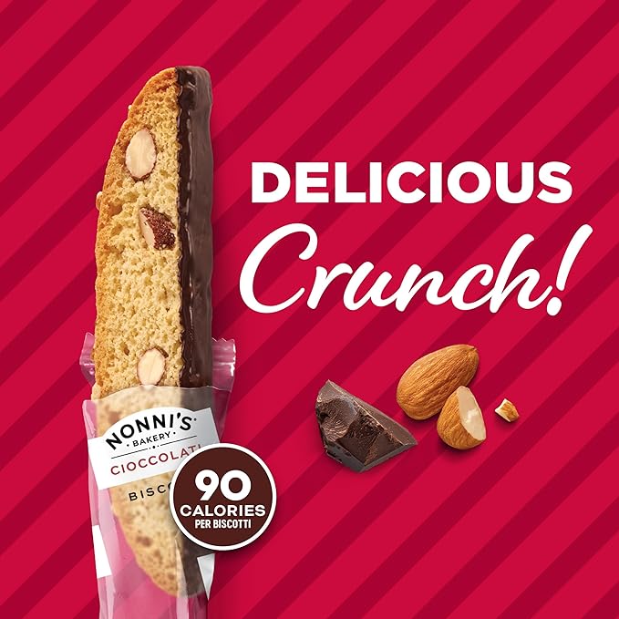 Nonni's Cioccolati Dark Chocolate Almond Biscotti Cookies ??Individually Wrapped Italian Coffee Snack, Crunchy Twice-Baked, 90 Cal Each, 21.5 oz Carton, 4 Pack