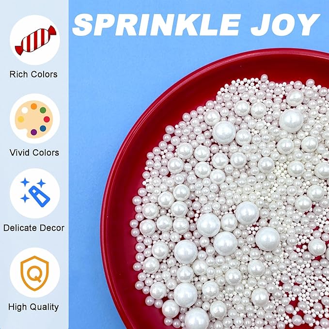 Sprinkles for Cake Decorating, White Pearl Sprinkles 4 Sizes Mix for Cake Cupcake Cookie Baking Donuts Ice Cream Toppings