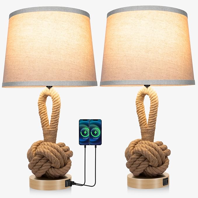 22" Rope Lamps for Night Stands, Bedside Lamps Set of 2, 3-Color Temperatures Boho Lamp with Rotary Switch, Table Lamps for Living Room Bedroom, Rattan Lamp with USB Ports, Bulbs Included