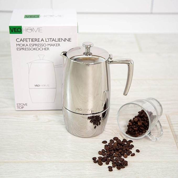VeoHome Stovetop Espresso Coffee Maker - 10 Cups 500ml Multi-Stove Stainless Steel Induction Moka Pot - Unbreakable and Dishwasher-Safe Italian Style Caffe Machine