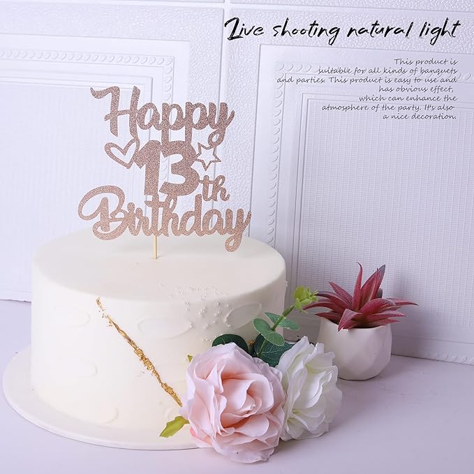 1 Pack Happy 13th Birthday Cake Topper Glitter Heart Star 13 Fabulous Cake Pick Birthday Sign Cake Decorations for Children 13th Birthday Theme Party Supplies Rose Gold