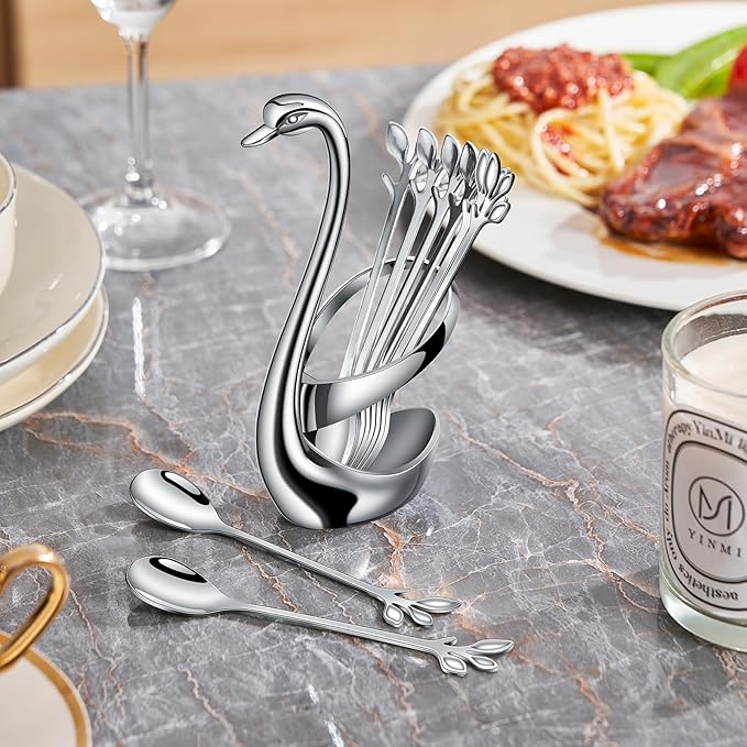 AnSaw Silver Small Coffee Spoon Holder Set,Swan Base With 10 Pcs Demitasse Espresso Spoons Set,4.7" Mini Leaf Dessert Spoon,Stainless Steel Tea Spoons