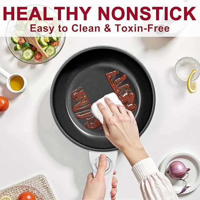 Dezin Hot Pot Electric Upgraded, Non-Stick Saut챕 Pan, Rapid Noodles Electric Pot, 1.5L Mini Portable Hot Pot for Steak, Egg, Fried Rice, Ramen, Oatmeal, Soup with Power Adjustment