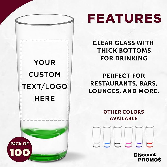 Custom Cordial Shooter Shot Glasses 2 oz. Set of 100, Personalized Bulk Pack - Great for Birthdays, Parties, Indoor & Outdoor Events - Green