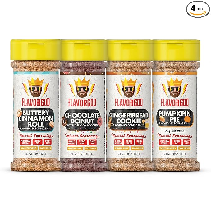 Dessert Topper Combo Pack - Buttery Cinnamon Roll, Chocolate Donut, Gingerbread Cookie, Pumpkin Pie, Pack of 4 - Premium All Natural & Healthy Blend for Bread, Fruit, Ice Cream Seasoning by Flavor God