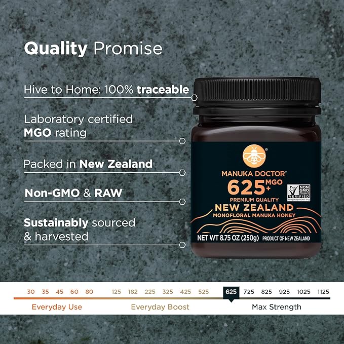MANUKA DOCTOR - MGO 625+ Manuka Honey Monofloral, 100% Pure New Zealand Honey. Certified. Guaranteed. RAW. Non-GMO (8.75 oz)