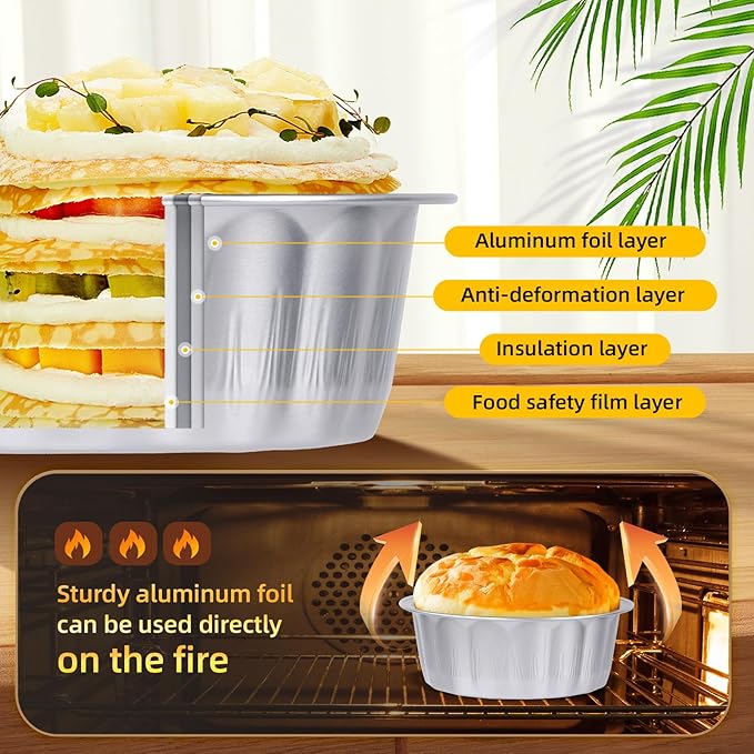 Beasea Ramekins 8 oz with Lids Disposable, 120 Pack 8 oz 4 Inch Mini Silver Aluminum Foil Creme Brulee Baking Cups Small Round Cupcake Tart Pie Tins Pans Individual Containers Oven Safe