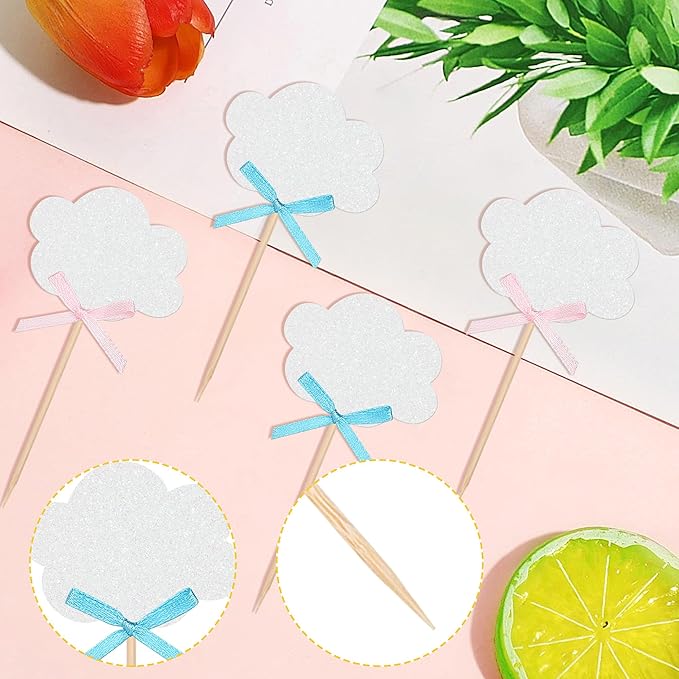 24 PCS Bow Cloud Cupcake Toppers Glitter Cloud Boy or Girl Cupcake Picks Gender Reveal Party Decorations for Baby Shower Birthday Wedding Party Cake Decorations Supplies Blue Pink