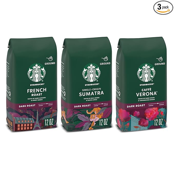 Starbucks Dark Roast Ground Coffee, Variety Pack, 3 bags (12 oz each)