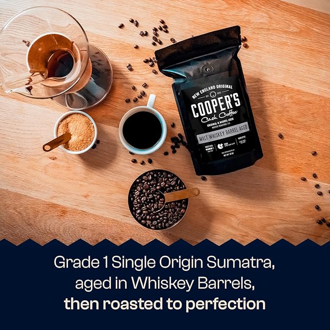 Whiskey Barrel Aged Coffee, Single-Origin Sumatra Beans Aged in American Malt Whiskey Barrels, Medium Dark Roast Whole Bean, 12 oz