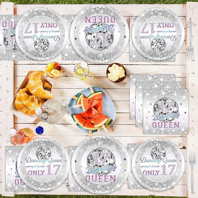 96Pcs Dancing Queen Plates and Napkins for 17 Birthday Party Decorations for Girls Silver 17 Year Old Dessert Plates Dancing Queen Tableware Set for 24 Guests 17 Birthday Party Supplies
