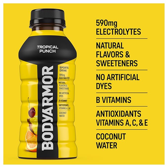 BODYARMOR Sports Drink Sports Beverage, Tropical Punch, Coconut Water Hydration, Natural Flavors With Vitamins, Potassium-Packed Electrolytes, Perfect For Athletes, 12 Fl Oz (Pack of 8)