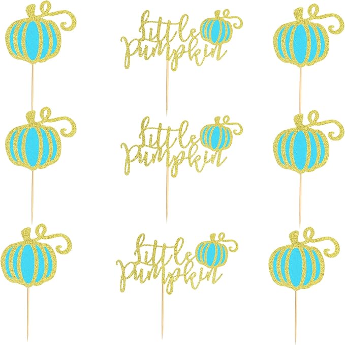 24Pcs Little Pumpkin Cupcake Toppers Fall Pumpkin Cupcake Picks for Thanksgiving Halloween Baby Shower Kids Birthday Party Cake Decorations Supplies - Bule Glitter