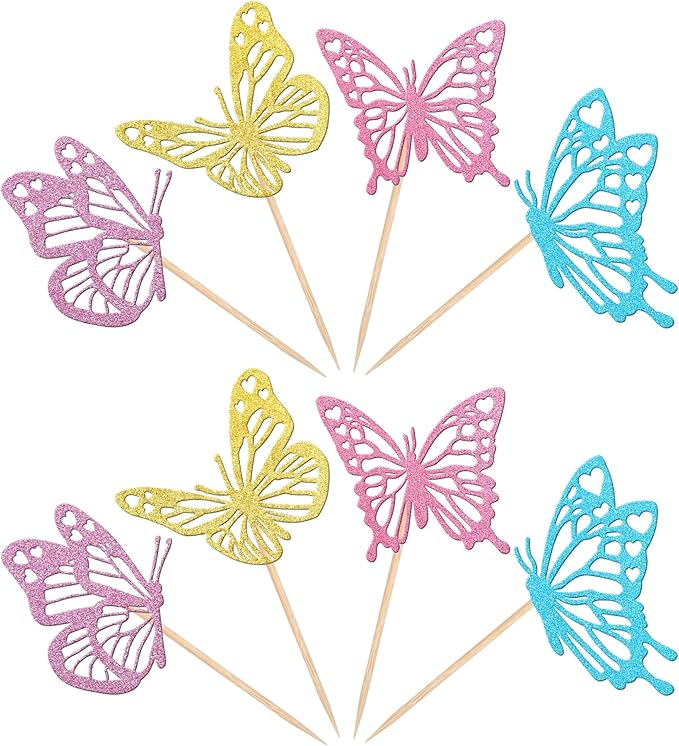 Rsstarxi 24 Pack Multicolor Butterfly Cupcake Toppers Glitter Assembled Butterfly Baby Shower Cupcake Picks for Wedding Engagement Bridal Shower Kids Birthday Party Cake Decorations