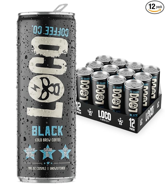 Loco Coffee Black Cold Brew 11 Ounce Can, 12 Count | Zero Sugar, 190mg Caffeine | Gluten Free and Dairy Free | Low Calorie Iced Coffee