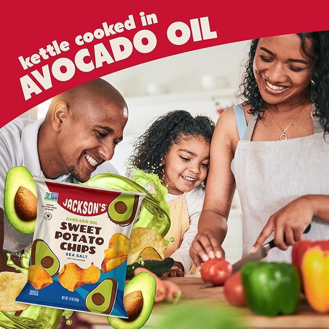 Jackson???Sweet Potato Kettle Chips with Sea Salt made with Premium Avocado Oil (1.5 Ounce, Pack of 18) - Allergen-friendly, Gluten Free, Peanut Free, Vegan, Paleo Friendly - Shark Tank Product