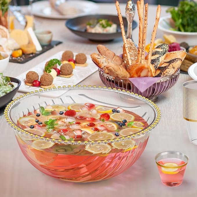 NiHome Large Plastic Punch Bowl with Ladle, Tongs and 25 Gold-Rimmed Cups for Wedding, Birthday, BBQ, Baby Shower, Holiday, 1.7 Gallon Reusable Clear Party Bowl Set for Drinks, Salads, Snacks & More