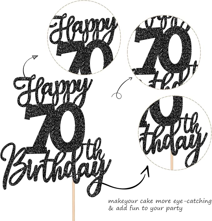 1 PCS Happy 70th Birthday Cake Topper Glitter Cheers to 70 Years Birthday Cake Pick Seventy Hello 70 Fabulous Cake Decoration for Happy 70th Birthday Anniversary Party Decorations Supplies Black