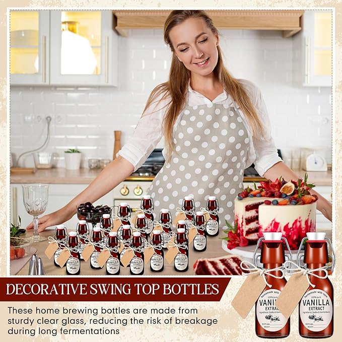 Vesici 20 Sets Swing Top Glass Bottles Set Amber Homemade Vanilla Extract Bottles with Stoppers Stickers Caps Jar Brush Funnel Rope Labels Vanilla Extract Jars for Holiday DIY Crafts (4 oz)