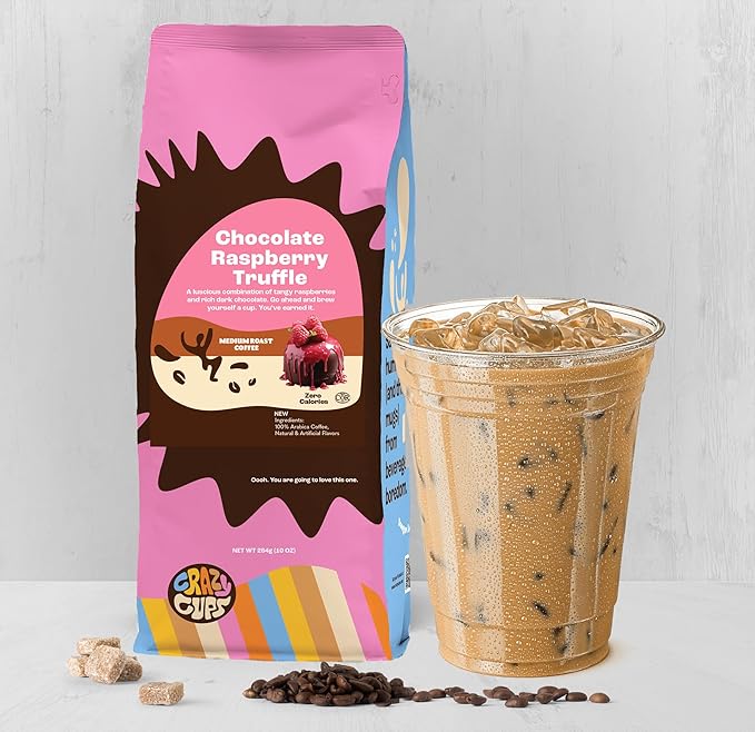Crazy Cups Flavored Ground Chocolate Coffee, Chocolate Raspberry in 10 oz Bag, For Brewing Flavored Hot or Iced Coffee