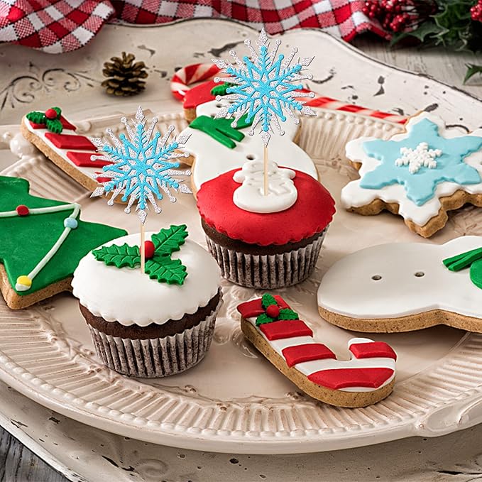 24 PCS Snowflake Cupcake Toppers Assemble Glitter Double Layers Winter Snowflake Cupcake Picks for Winter Wonderland Baby Shower Birthday Merry Christmas Party Cake Decorations Supplies
