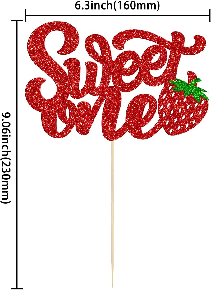1 Pack Sweet One Cupcake Topper Glitter First Birthday Strawberry Cake Pick for Fruit Baby Shower 1st Birthday Berry Sweet Cake Decorations For Birthday Party Supplies Red