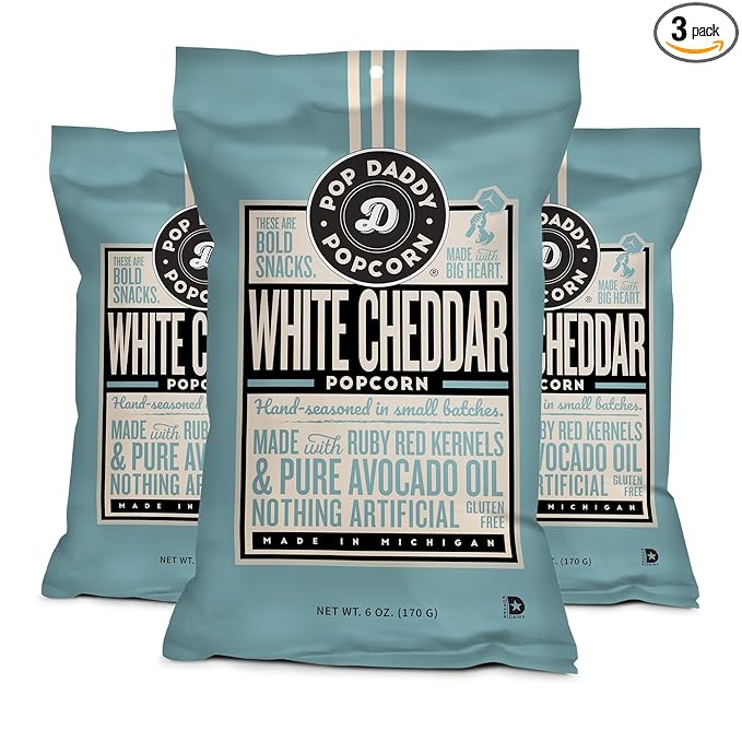 Pop Daddy Flavored Popcorn Gourmet, White Cheddar Flavor Popped Popcorn, Hand Seasoned Ruby Red Kernels, Gluten Free Healthy Popcorn Snacks, 6oz Individual Bags, 3 Pack