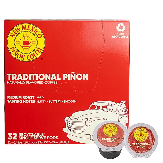 New Mexico Piñon Naturally Flavored Coffee K Cups Traditional Piñon Capsules - Nutty & Smooth Medium Roast 100% Arabica Single Serve Recyclable K-Cup Coffee Pods - 32 Count