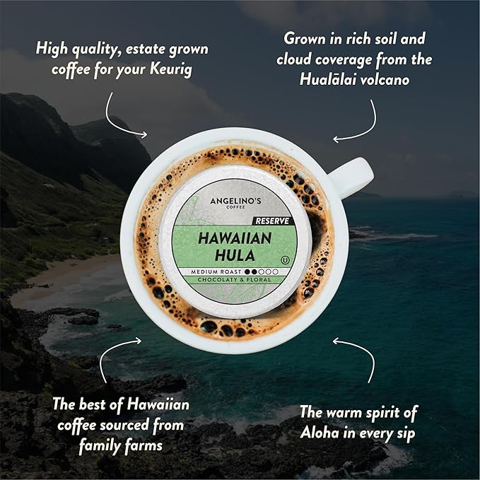 Angelino's Coffee Hawaiian Hula Coffee Pods - Hawaiian Blend, Medium Roast Coffee K Cups compatible, Reserve, Chocolaty Notes with Floral Undertones, 24 Count - Premium Hawaiian Blend Coffee for Keurig Machines