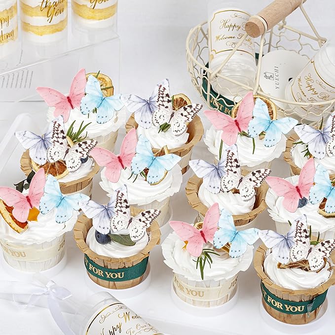 48 PCS Edible Butterfly Cupcake Toppers Colorful Wafer Paper Butterflies Cake Decorations Edible Butterfly Cupcake Picks for Butterfly Theme Baby Shower Wedding Birthday Party Decorations Supplies