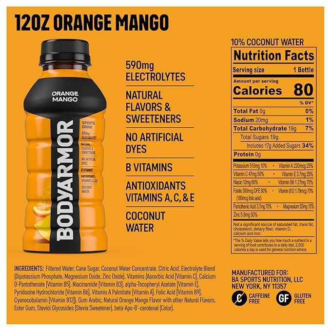 BODYARMOR Sports Drink Variety Pack, Coconut Water Hydration, Natural Flavors w Vitamins, Potassium Packed Electrolytes For Athletes, Strawberry Banana, Blue Raspberry, Orange Mango, 12 Oz - 24 pack