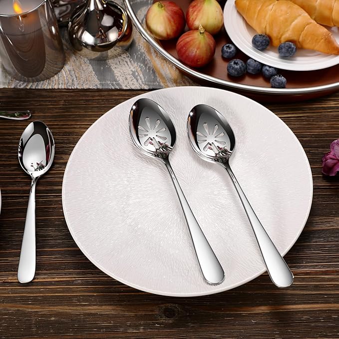 KEAWELL Louise Premium 2 Piece Serving Spoons and 2 Piece Serving Slotted Spoons ??9 inches ??18/10 Stainless Steel - Uniting Elegance and Durability - Exquisite Serving Utensils for Parties